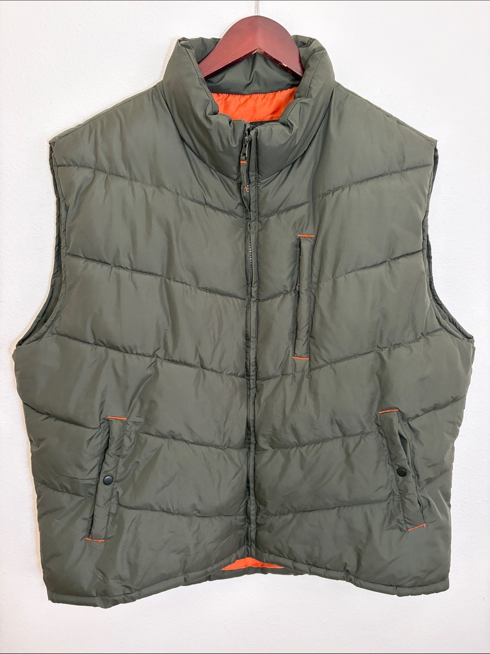 Glacier’s  Edge Olive Green Quilted Puffer Vest with Orange Trim